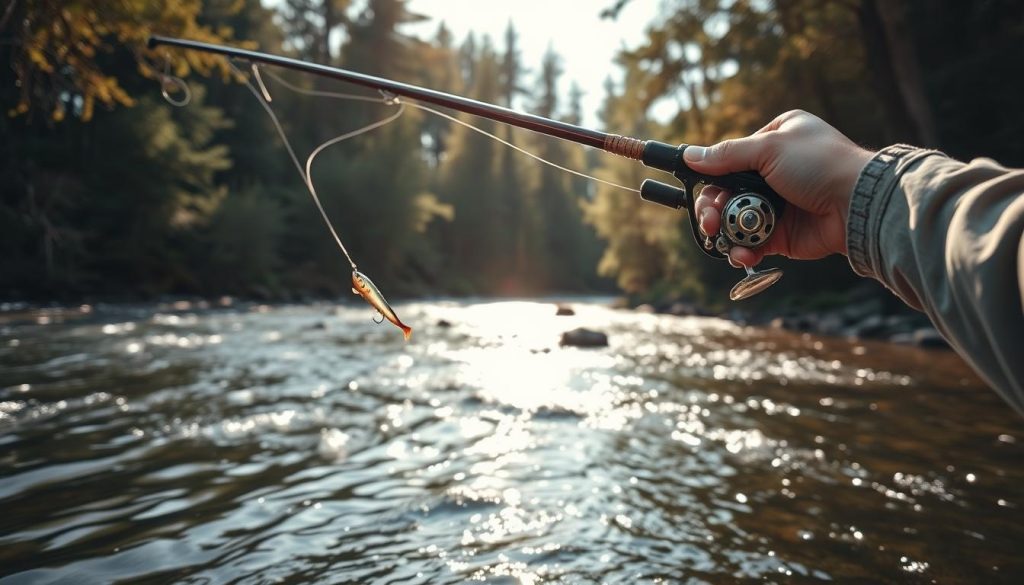A vibrant outdoor scene of an experienced angler expertly casting a shimmering metal lure into a rippling river. The foreground features the fisherman's hands deftly working the fishing rod, with a tight focus on the technical details of the reel and line. The middle ground showcases the lure arcing through the air, its metallic surface catching the dappled sunlight filtering through the surrounding foliage. In the background, a dense forest landscape frames the river, creating a sense of depth and natural setting. The overall mood is one of dynamic action and skilled technique, reflecting the challenges and rewards of spring pike fishing with a metal spinner bait.