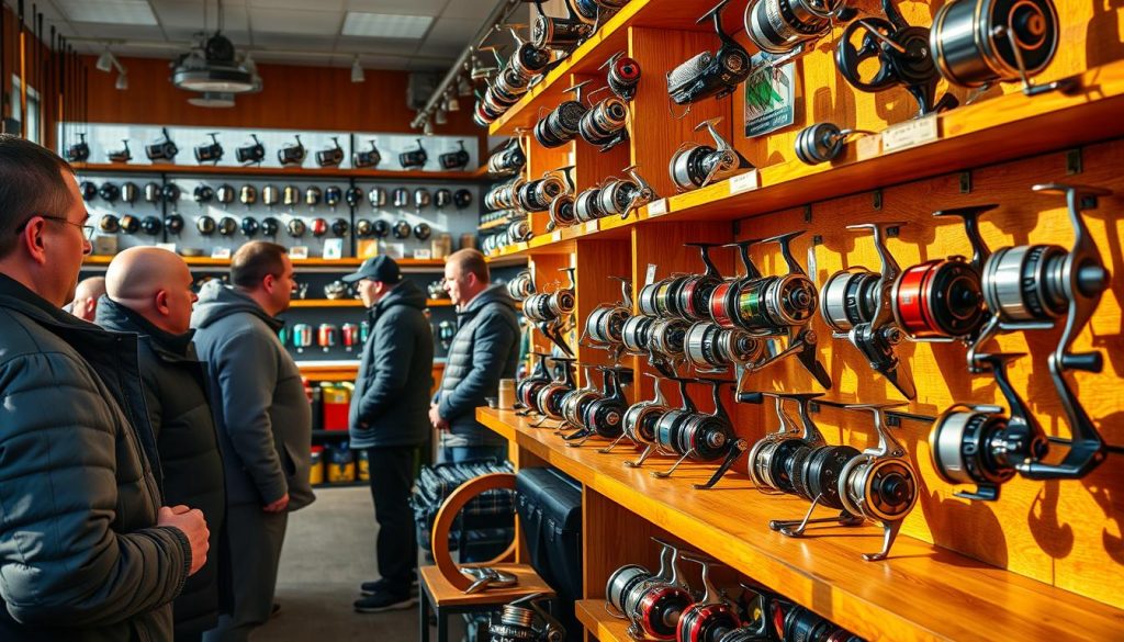 A vibrant scene of a well-stocked fishing tackle shop in Ukraine, showcasing an array of high-quality fishing reels for feeder rods. The storefront is bathed in warm, natural lighting, highlighting the gleaming chrome and polished wood finishes of the reels displayed on wooden shelves. Customers can be seen browsing the selection, their faces reflecting the excitement of finding the perfect reel for their next fishing adventure. The overall atmosphere conveys a sense of expertise, quality, and a deep appreciation for the sport of feeder fishing.