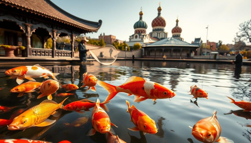 A vibrant scene of fish in Ukrainian culture and history. In the foreground, a group of colorful koi fish swim gracefully in a traditional pond, their scales glistening under the warm, natural lighting. In the middle ground, a fisherman casts his net, capturing the essence of centuries-old fishing traditions. In the background, a series of ornate, domed structures suggest the iconic architecture of Ukraine, with their reflections mirrored in the still waters. The composition evokes a sense of harmony between nature, history, and the enduring legacy of fish in Ukrainian heritage.