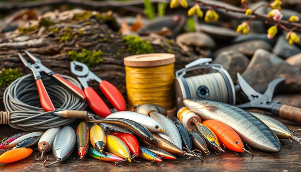 A vibrant still life depicting an array of fishing tackle for spring pike angling. In the foreground, a selection of lures in various colors and sizes, including spoons, plugs, and soft plastics, arranged neatly. Behind them, a coil of braided fishing line, a pair of long-nose pliers, and a sharp fillet knife. In the middle ground, a wooden spool of monofilament line and a compact baitcast reel. In the background, a backdrop of natural elements - a mossy log, a cluster of river stones, and a touch of early spring foliage, all illuminated by soft, diffused natural lighting. The overall mood is one of anticipation and readiness for a successful spring pike fishing expedition.
