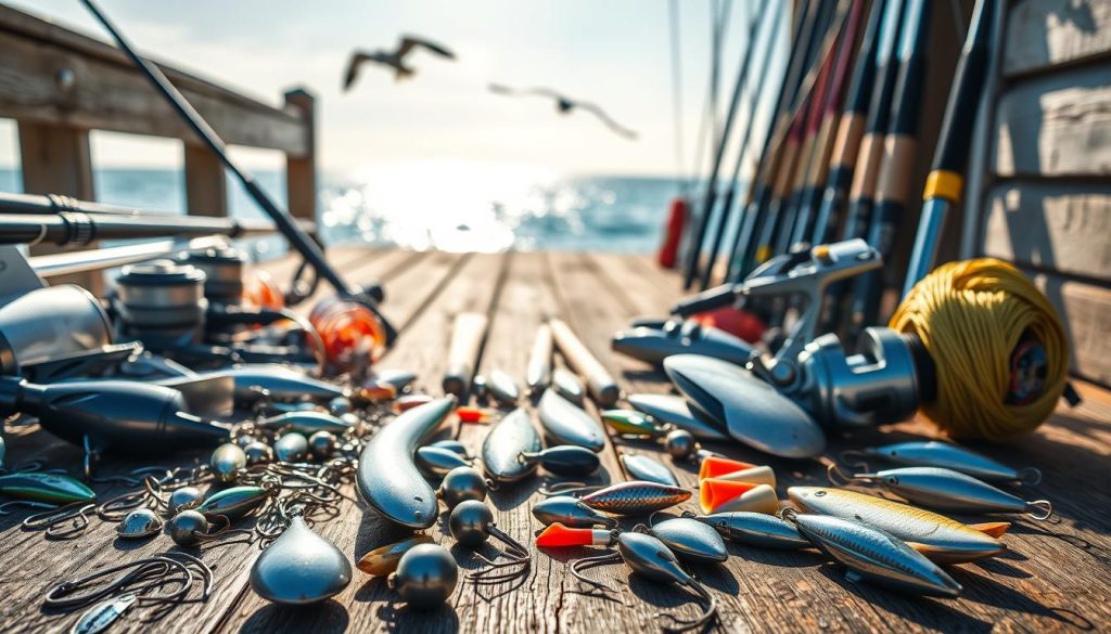 A vibrant still life depicting an array of saltwater fishing equipment and tackle laid out on a sun-drenched wooden dock. In the foreground, an assortment of gleaming hooks, sinkers, and lures in a variety of shapes and colors. Midsection showcases sleek graphite rods, sturdy reels, and tightly coiled fishing lines. In the background, a glimpse of the open sea, with a softly blurred horizon and a few seagulls soaring overhead. The overall scene conveys a sense of anticipation and adventure, perfectly capturing the excitement of an upcoming sea fishing excursion.