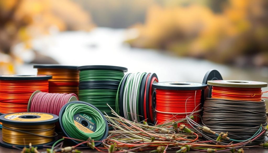A vibrant still life of various fishing lines, leaders, and tippets in a natural setting. The foreground features a variety of fishing line spools in different colors and thicknesses, arranged neatly. In the middle ground, there are several types of leader material, each with a distinct thickness and transparency. The background depicts a serene nature scene, perhaps a river or lake, with soft, diffused lighting that creates a warm, inviting atmosphere. The composition is balanced and visually appealing, highlighting the diversity of fishing line options available for different species of fish.