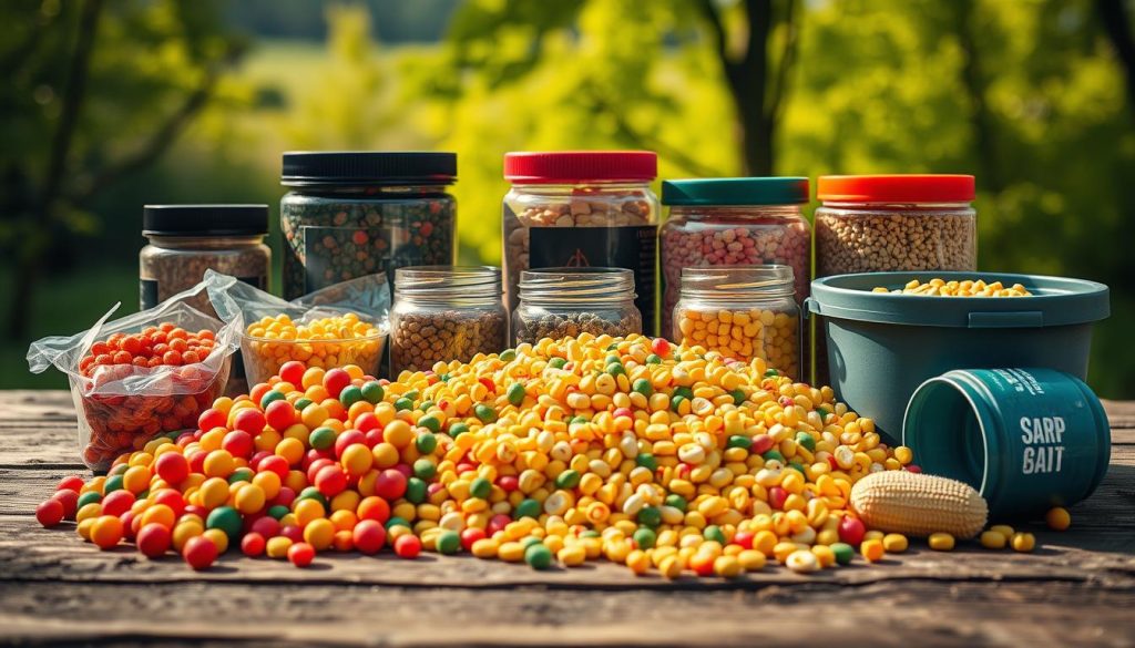 A vibrant still life showcasing an array of fishing baits and ground baits for spring carp fishing. In the foreground, an assortment of brightly colored boilies, pellets, and sweetcorn are artfully arranged on a rustic wooden surface. In the middle ground, various bait containers, including jars and tubs, stand ready to be used. The background features a soft, blurred landscape of lush green foliage, hinting at the tranquil natural setting where this carp-focused setup will be deployed. The lighting is warm and natural, casting a gentle glow over the scene and evoking the inviting ambiance of a spring day by the water. The overall composition captures the essence of the essential tools and ingredients for successful spring carp fishing. A vibrant still life showcasing an array of fishing baits and ground baits for spring carp fishing. In the foreground, an assortment of brightly colored boilies, pellets, and sweetcorn are artfully arranged on a rustic wooden surface. In the middle ground, various bait containers, including jars and tubs, stand ready to be used. The background features a soft, blurred landscape of lush green foliage, hinting at the tranquil natural setting where this carp-focused setup will be deployed. The lighting is warm and natural, casting a gentle glow over the scene and evoking the inviting ambiance of a spring day by the water. The overall composition captures the essence of the essential tools and ingredients for successful spring carp fishing.
