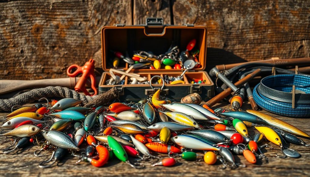 A vibrant still life showcasing an array of fishing gear against a rustic, weathered backdrop. In the foreground, an assortment of lures, hooks, and sinkers in a variety of colors and shapes, meticulously arranged. In the middle ground, a well-worn tackle box with numerous compartments, hinting at the vast collection of tools and accessories within. The background features a weathered wooden surface, perhaps an old fishing boat or dock, providing a rugged, earthy tone. Warm, natural lighting illuminates the scene, casting gentle shadows and highlights across the diverse textures. The overall composition conveys a sense of preparedness, passion, and the time-honored traditions of the angler's craft.