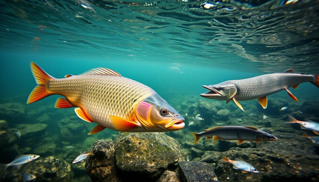 A vibrant underwater scene along the Dnieper River, showcasing a diverse array of freshwater fish species. In the foreground, a large carp gracefully navigates the clear waters, its colorful scales glimmering in the soft, diffused sunlight filtering through the surface. In the middle ground, a school of silvery roach darts through the rocky terrain, while a stately pike lurks in the shadows, its predatory gaze fixed on potential prey. In the background, the lush, verdant riverbanks provide a serene backdrop, hinting at the rich ecosystem that thrives along the Dnieper's banks. The composition is balanced, with a sense of depth and tranquility, capturing the natural beauty and diversity of the river's aquatic inhabitants.