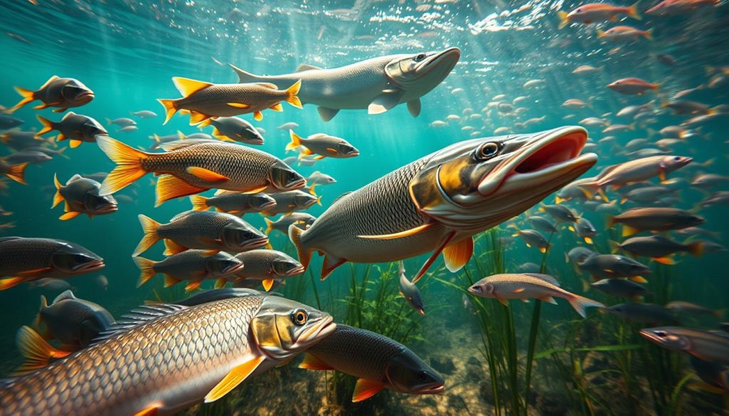 A vibrant underwater scene depicting the various fish species that can be freely caught in recreational fishing in Ukraine, as per the new 2025 regulations. In the foreground, a school of lively carp and catfish dart through the shimmering waters, their scales catching the soft, filtered sunlight that streams in from above. In the middle ground, a majestic pike hovers, its sharp teeth and predatory gaze on full display. Further back, schools of perch and roach dart amongst the aquatic plants, creating a sense of liveliness and abundance. The overall mood is one of tranquility and natural harmony, showcasing the diversity of Ukraine's thriving freshwater ecosystems.