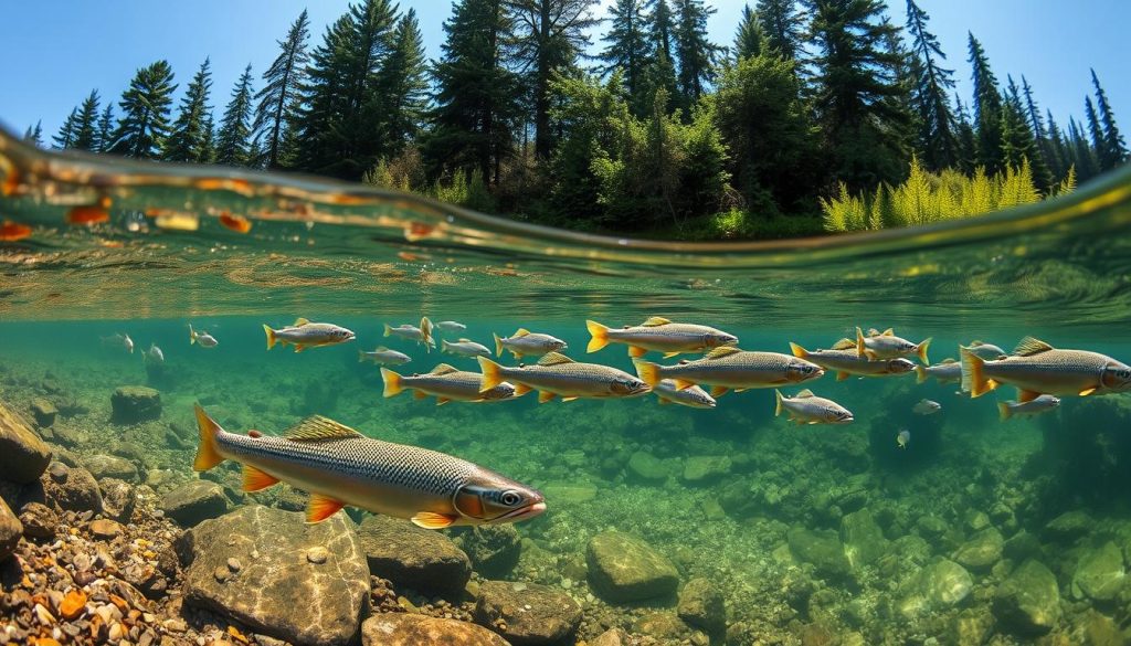 A vibrant underwater scene showcasing the biology and habitat of trout and grayling. In the foreground, crystalline water flows gently over a rocky riverbed, revealing the distinct coloration and distinct fins of the fish. In the middle ground, schools of trout and grayling dart among the aquatic vegetation, their iridescent scales glimmering in the dappled light. The background depicts a lush, verdant riverbank, with towering pine trees and ferns lining the shore. The overall composition evokes a sense of peaceful, natural harmony, capturing the essence of the trout and grayling's thriving ecosystem.