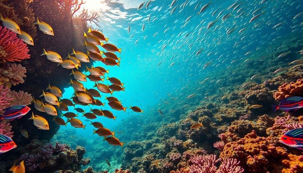 A vibrant underwater scene showcasing the diverse array of fish species found in the pristine waters surrounding natural islands. In the foreground, a school of colorful tropical fish dart between vibrant coral formations, their scales glimmering in the warm, dappled sunlight filtering through the surface. In the middle ground, larger predatory fish stalk their prey, their powerful movements cutting through the crystal-clear water. In the distant background, an array of unique and fascinating fish species fill the frame, creating a stunning visual tapestry that captures the richness and wonder of the marine ecosystem. Captured with a wide-angle lens to convey a sense of depth and grandeur, this image evokes the magnificence of the natural island environment and the incredible biodiversity it sustains.