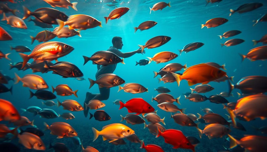 A vibrant underwater scene showcasing the symbiotic relationship between fish and human health. In the foreground, a diverse array of colorful fish swim gracefully, their scales shimmering under the warm, diffused lighting. In the middle ground, a human figure, silhouetted against the blue-green water, reaches out to gently touch the fish, reflecting the nourishing and restorative properties of seafood. The background is softly blurred, creating a sense of depth and focus on the central interaction. The overall mood is one of harmony, balance, and the vital importance of incorporating fish into a healthy human diet.