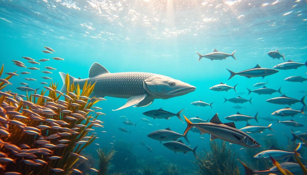 A vibrant underwater seascape, showcasing the diverse fish species found in the Black Sea. In the foreground, schools of sleek, silvery anchovies dart between lush, swaying seaweeds. In the middle ground, a majestic sturgeon glides gracefully, its armored plates reflecting the warm, dappled sunlight filtering down from the surface. In the deeper reaches, the menacing silhouettes of voracious bluefish and the distinctive dorsal fins of agile bonito cut through the azure waters. Flashes of color emerge as iridescent tuna and elegant turbot dart in and out of view. The overall scene conveys the rich marine life and the awe-inspiring splendor of the Black Sea's underwater kingdom.