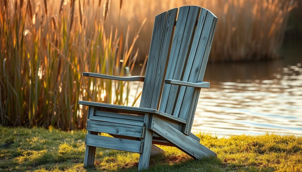 A weathered, wooden fishing chair with a sturdy, slanted seat and a high, curved backrest stands in a serene lakeside setting. The chair is positioned on a grassy bank, surrounded by tall reeds and gently lapping water. Warm, golden sunlight filters through the reeds, casting a soft, natural glow on the chair's distressed surface. The chair's design is both functional and aesthetically pleasing, with clean lines and a rustic, time-worn appearance that evokes the tranquility and simplicity of the fishing lifestyle. The overall scene conveys a sense of peaceful contemplation and a connection to the natural world.