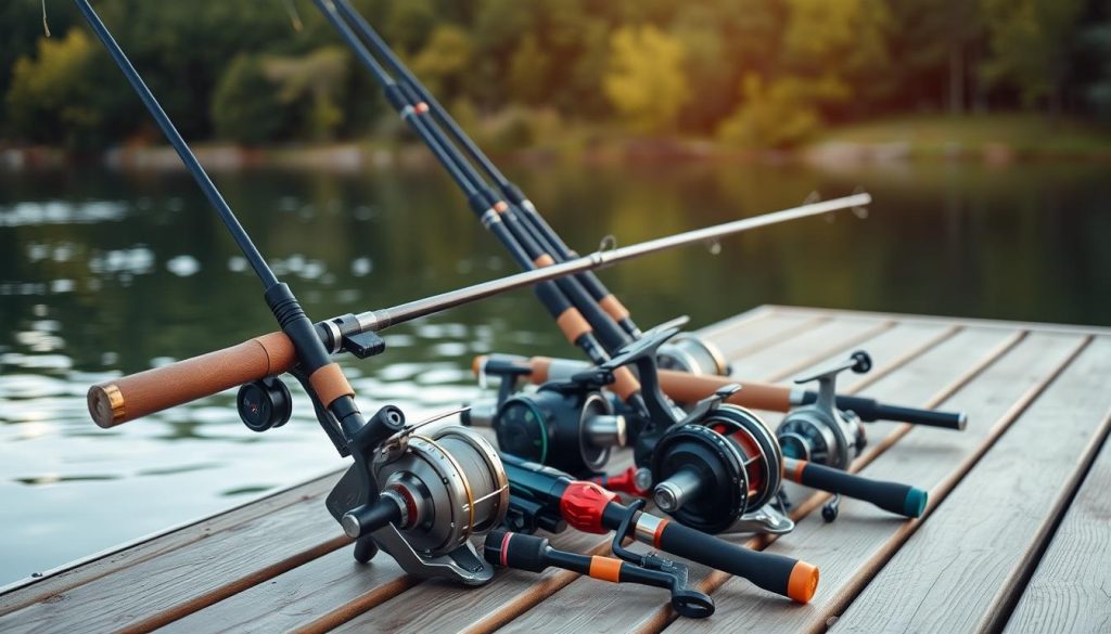 A well-equipped professional fishing setup, featuring high-quality rods, reels, and tackle arranged on a wooden dock against a backdrop of a serene lake with lush green foliage. The scene is bathed in soft, natural lighting, creating a calming atmosphere perfect for a day of dedicated angling. The arrangement showcases the specialized gear required for successful and responsible fishing, inviting the viewer to imagine the thrilling experience of landing a prized catch in this picturesque locale.