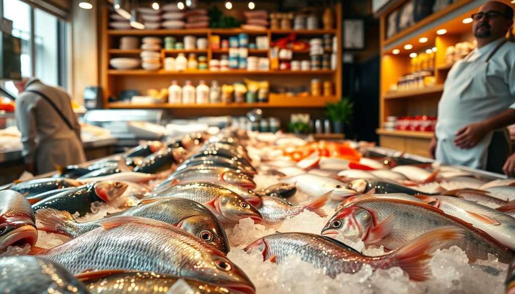 A well-lit display of fresh, glistening fish in a high-end seafood market. A variety of fish such as carp, tilapia, and rainbow trout are showcased on ice-filled counters, their scales sparkling under the warm, natural lighting. The scene exudes a sense of quality and care, with fishmongers dressed in crisp, white aprons standing ready to assist customers in selecting the perfect catch. The background features a backdrop of wooden shelves stocked with various seafood products, creating a rustic, authentic ambiance. The overall composition invites the viewer to imagine the process of carefully choosing the best fish for a delicious meal.