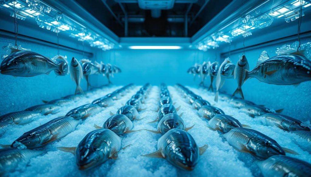 A well-lit industrial freezer interior, showcasing rows of freshly caught fish suspended in a crystalline ice matrix. The lighting casts a cool, bluish hue, emphasizing the frosty atmosphere. The fish are positioned in an aesthetically pleasing arrangement, highlighting their natural forms and textures. The background is slightly blurred, keeping the focus on the frozen seafood in the foreground. The overall scene conveys a sense of efficient, high-quality preservation, reflecting the title "Замораживание как надежный способ сохранения улова".