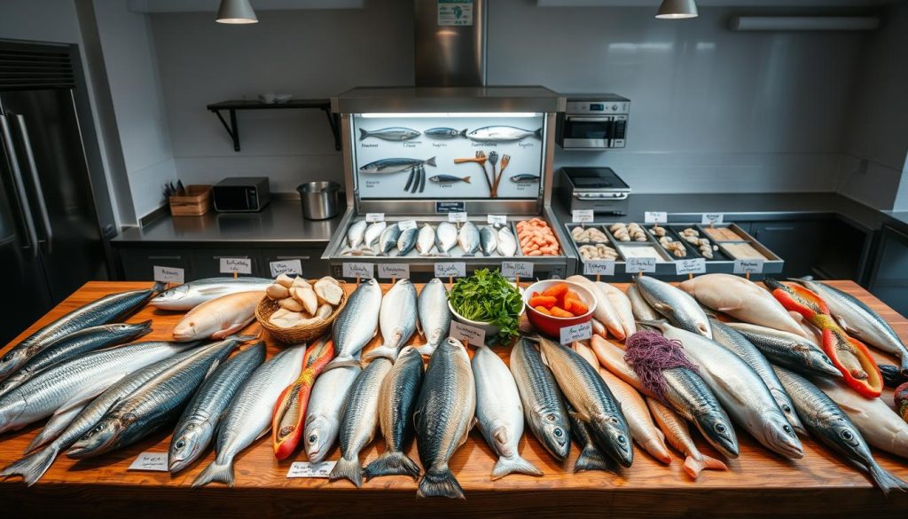 A well-lit, overhead view of a wooden table showcasing a variety of fresh seafood options. In the foreground, an assortment of whole fish, fillets, and shellfish are neatly arranged, their scales and textures meticulously detailed. In the middle ground, an open fishmonger's display case with various fish species labeled in Russian. The background features a clean, minimalist kitchen environment with stainless steel appliances and a neutral color palette, creating a sense of culinary professionalism. The lighting is soft and natural, highlighting the vibrant colors and natural beauty of the seafood. The overall atmosphere conveys an educational and informative mood, guiding the viewer through the different fish choices available.