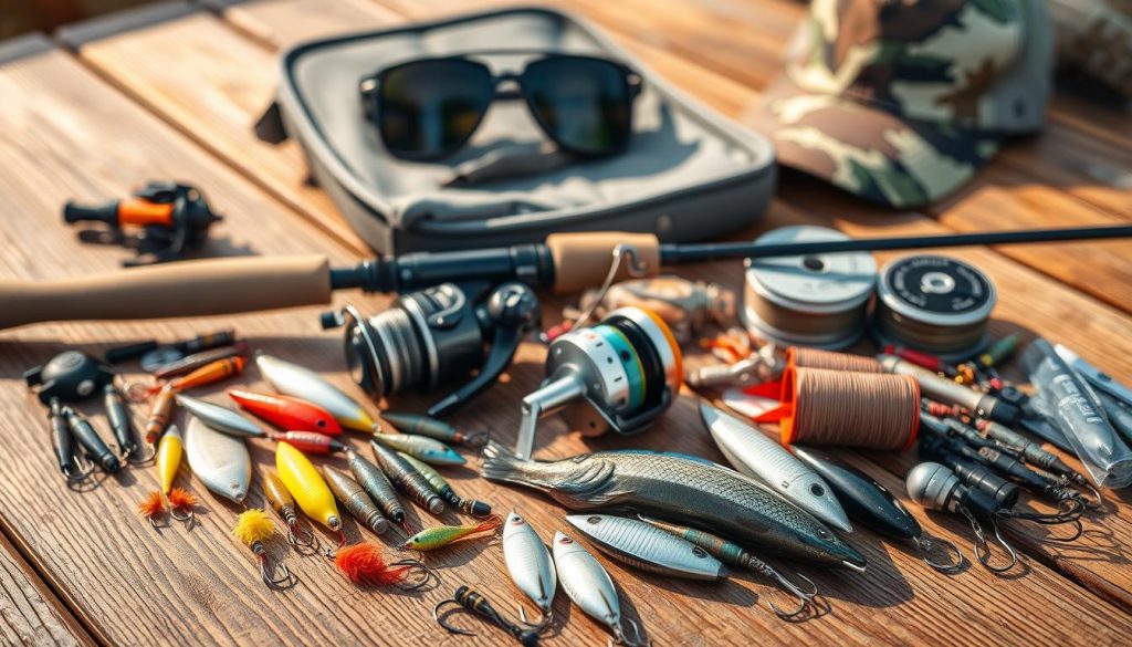 A well-organized fishing gear arrangement with high-quality equipment laid out on a wooden surface. In the foreground, various lures, hooks, and tackle neatly displayed. In the middle ground, a modern fishing rod, reel, and line spools. In the background, a soft-sided tackle box, a pair of polarized sunglasses, and a camouflage-patterned hat. Warm, natural lighting casts a pleasant glow, highlighting the textures and colors of the materials. The overall composition conveys a sense of preparedness and attention to detail, reflecting the thoughtful selection of equipment for a successful fishing expedition.