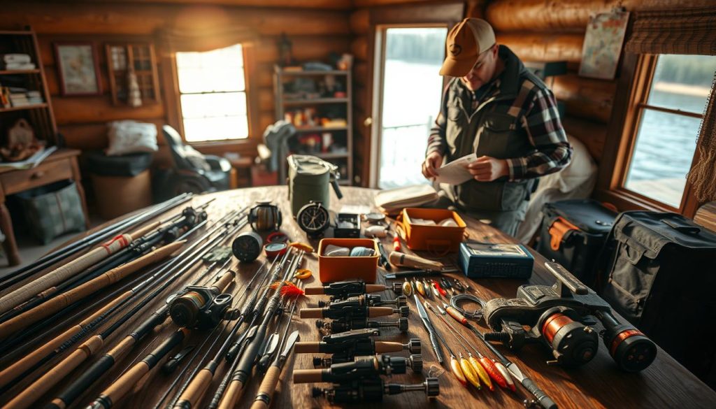 A well-organized fishing trip preparation scene, illuminated by warm natural lighting. In the foreground, an array of fishing gear meticulously laid out - rods, reels, lures, and tackle boxes. In the middle ground, a weathered wooden table where a fisherman diligently packs his supplies, maps, and equipment. The background features a cozy cabin interior, with rustic furnishings and a glimpse of the serene river outside, hinting at the adventure to come. The mood is one of focused anticipation, as the fisherman ensures every detail is accounted for before embarking on his expedition. A sense of tradition and passion for the sport permeates the scene.