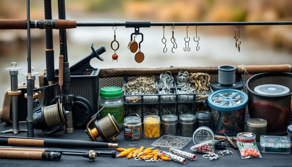 A well-stocked feeder fishing setup with an array of expertly-crafted rods, reels, line, hooks, and an assortment of specialized feeder baskets and feeders. The foreground showcases the core equipment - sleek, high-quality rods and reels in a range of sizes, alongside various feeder attachments and bait containers. In the middle ground, an array of terminal tackle, including swivels, hooks, and line clips, is neatly organized. The background features a soft, blurred natural setting, evoking a tranquil, riverine atmosphere conducive to successful feeder fishing. Soft, diffused lighting illuminates the scene, highlighting the premium quality and attention to detail of the specialized feeder equipment.