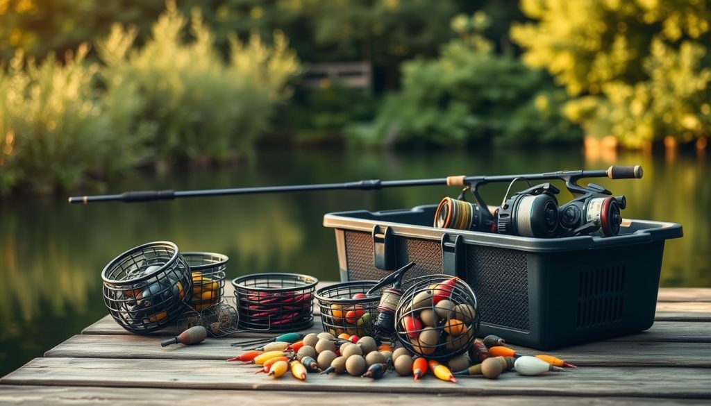 A well-stocked feeder tackle box on a wooden dock, overlooking a tranquil lake surrounded by lush green foliage. The feeder rods and reels are neatly arranged, with an assortment of feeder baskets and feeders of various sizes and designs in the foreground. The lighting is soft and natural, with a warm golden hue that casts a peaceful ambiance over the scene. The composition balances the technical feeder equipment with the serene natural setting, inviting the viewer to imagine the satisfying routine of preparing for a successful feeder fishing session.