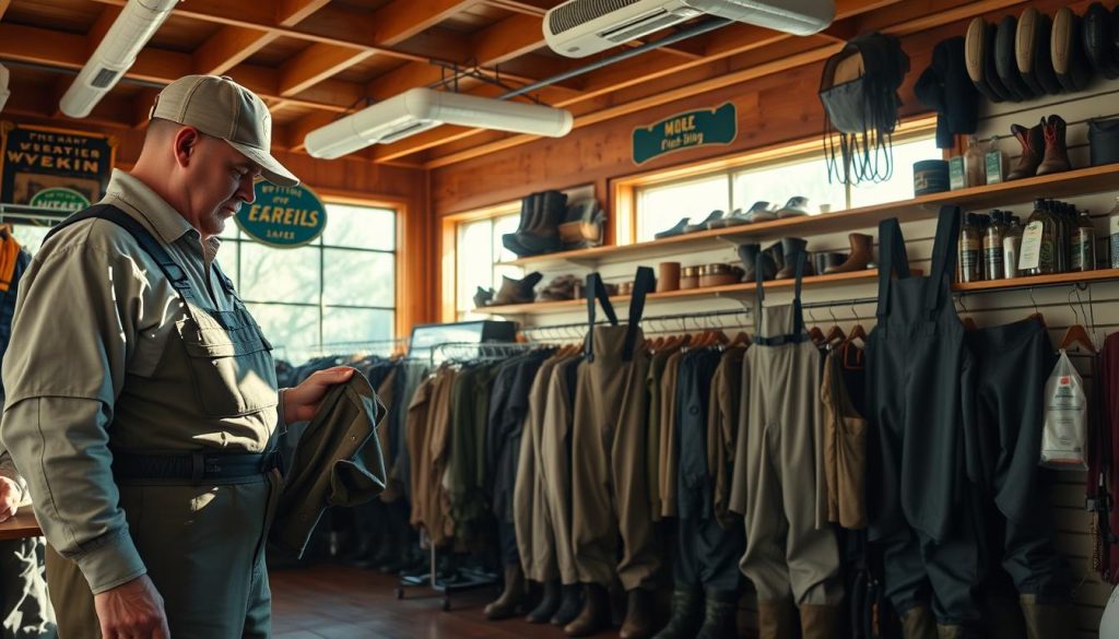A well-stocked fishing shop, sunlight streams through large windows, illuminating an impressive display of waders in various styles and sizes. In the foreground, a fly fisherman examines a pair of high-quality neoprene waders, considering their durability, breathability, and comfort. The middle ground showcases a diverse selection of waders, from lightweight chest-high models to heavy-duty waist-high options, each tailored for different fishing environments. In the background, shelves are lined with accessories like boots, belts, and repair kits, creating a comprehensive scene for the discerning angler seeking the perfect waders for their next fishing adventure. The overall mood is one of well-curated choice, inviting the viewer to imagine themselves immersed in the perfect waders for their preferred fishing style and locale.