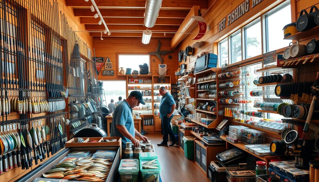 A well-stocked fishing supply store, showcasing a variety of rods, reels, lures, and tackle neatly arranged on wooden shelves. The store's interior is bathed in warm, natural lighting, creating a cozy and inviting atmosphere. In the foreground, a customer examines a selection of fishing baits, while behind them, a helpful sales associate stands ready to assist. The middle ground features an array of fishing-related accessories, such as tackle boxes, line, and specialized equipment. In the background, a large window provides a glimpse of the outdoor landscape, hinting at the exciting fishing adventures that await beyond the store's walls.