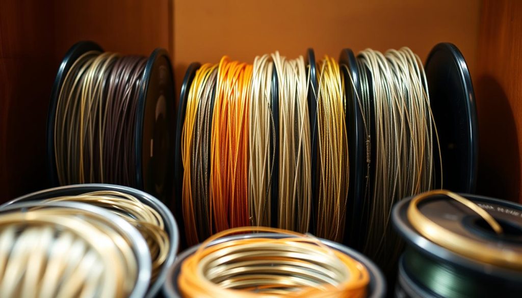A well-stocked tackle box featuring an assortment of fishing lines in various thicknesses and materials, arranged neatly against a wooden background. The lines are backlit to showcase their translucent, shimmering textures, casting a warm, golden glow. The composition is balanced, with the lines taking center stage, while the subtle background adds depth and context. The lighting is soft and diffused, creating a serene, contemplative atmosphere. The overall image conveys the idea of carefully selecting the right fishing line for different angling pursuits.