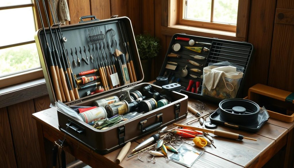 A well-stocked tackle box filled with an array of fishing rods, reels, lures, hooks, and other essential gear sits on a wooden table. The gear is organized neatly, suggesting a meticulous approach to tackle selection. Soft, natural lighting streams in from a nearby window, casting a warm glow over the scene. The table is situated in a cozy, rustic setting, with a background of weathered wooden panels and a hint of greenery peeking through. The overall atmosphere conveys a sense of preparedness and expertise, reflecting the careful consideration required for successful river fishing.