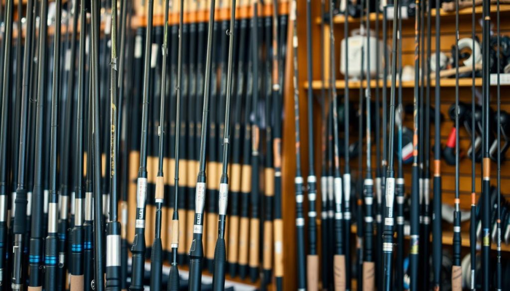 A well-stocked tackle shop filled with a diverse selection of budget-friendly fishing rods. The foreground features an array of sleek, modern spinning rods in various lengths and power ratings, their matte black and silver finishes gleaming under the warm, diffused lighting. In the middle ground, several rods are displayed on wooden racks, showcasing their streamlined designs and comfortable cork or EVA grips. The background is softly blurred, hinting at additional fishing gear and accessories that complement these versatile, affordable spinning rods - the perfect tools for the avid pike angler on a budget.