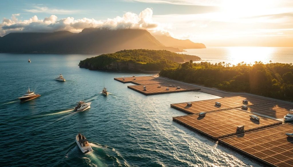 A wide aerial view of a thriving coastal ecosystem, with fishing boats dotting the gently lapping waves. In the foreground, sustainable fishing practices are showcased - anglers carefully releasing their catch, using eco-friendly gear. The middle ground features aquaculture facilities, their neatly organized pens and raceways blending into the natural surroundings. In the distance, towering cliffs and lush, verdant forests frame the scene, emphasizing the delicate balance between human activity and environmental preservation. Warm, golden sunlight filters through wispy clouds, creating a serene, tranquil atmosphere that exemplifies the modern, science-driven approach to recreational fishing.