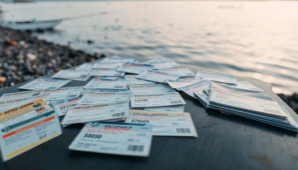 A wide-angle view of a neatly organized table, featuring various types of fishing licenses in different price ranges, currency, and languages. The table is set against a natural backdrop, perhaps a riverbank or lakeside, with a serene body of water visible in the distance. The lighting is soft and diffused, creating a calming ambiance. The overall composition emphasizes the accessibility and affordability of fishing licenses, inviting the viewer to explore the opportunities for recreational angling in the region.