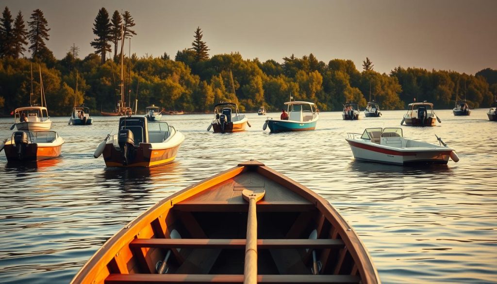 A wide variety of fishing boats lazily drifting on a serene lake, their hulls reflecting the golden hues of the sunset. In the foreground, a sleek wooden rowboat with oars resting on the seats, inviting exploration. Farther out, larger motorized boats sway gently, their decks equipped with swivel chairs and fishing rods, ready for a day's catch. The background features a lush, verdant shoreline dotted with tall trees, creating a peaceful, picturesque scene. Soft, warm lighting bathes the entire composition, evoking a sense of tranquility and adventure. The overall impression is one of a wide variety of options for the perfect fishing trip.