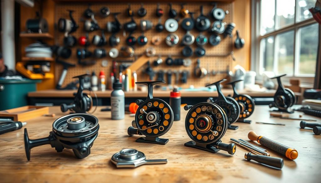 A workshop table showcasing the intricate maintenance of fishing reels. In the foreground, several open reels with their components neatly arranged, revealing the precise inner workings. The middle ground features specialized tools and lubricants, indicating the delicate care required. In the background, a well-organized pegboard displays a variety of reel models, suggesting a comprehensive understanding of proper reel maintenance. Warm, natural lighting from a nearby window illuminates the scene, creating a serene and focused atmosphere for this technical task. The overall composition conveys the importance of diligent reel upkeep for successful and sustainable fishing.