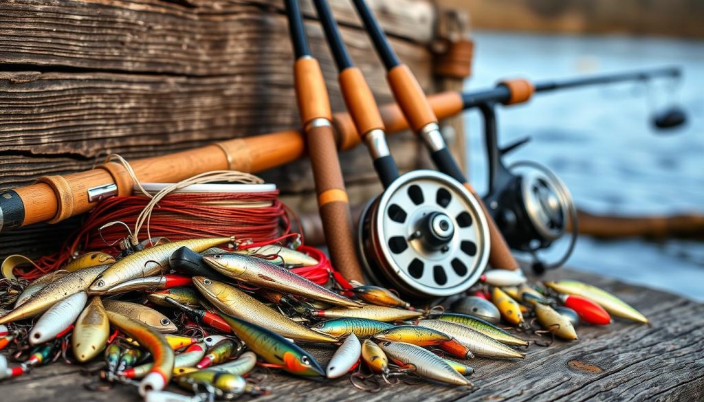 An array of fishing tackle against a rustic, weathered wooden backdrop. In the foreground, an assortment of lures, hooks, and line in various colors and textures. In the middle ground, a pair of well-worn fishing rods and reels, their metal fittings gleaming in the soft, natural lighting. In the background, a subtle, out-of-focus river scene, hinting at the tranquil setting where these tools will be used. The overall mood is one of anticipation and adventure, capturing the essence of a successful day of fishing on the Southern Bug River.