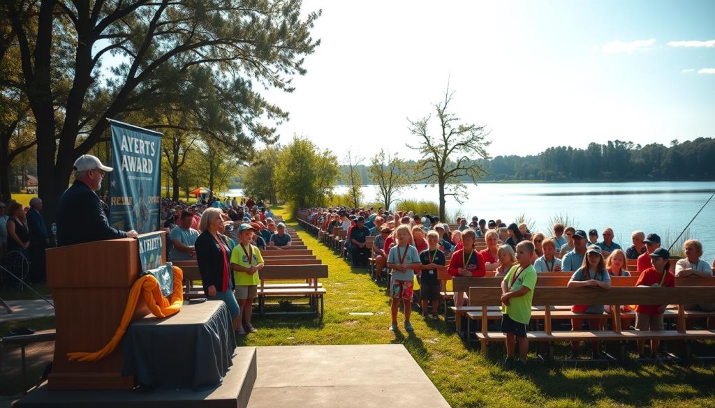 An awards ceremony on a sunny day in a tranquil outdoor setting. In the foreground, a simple podium draped with a festive banner, as a group of children in brightly colored fishing gear stand proudly, their medals gleaming in the warm light. In the middle ground, rows of wooden benches filled with an audience of parents and spectators, their faces beaming with pride. In the background, a serene lakeside scene, with gently swaying trees and a calm, reflective surface, creating a peaceful, celebratory atmosphere. Soft, diffused lighting illuminates the scene, evoking a sense of joy and accomplishment. The overall mood is one of triumph, community, and the thrill of a hard-won victory.