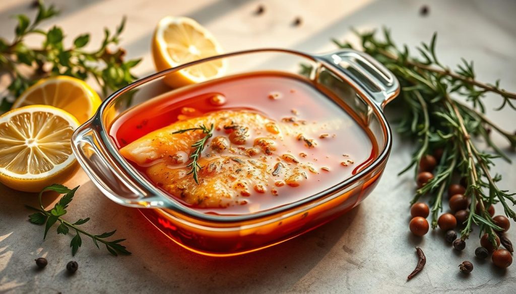An elegantly composed still life showcasing a glass dish filled with a vibrant, aromatic marinade for carp. The marinade's deep amber hue and glistening texture captivate the senses, suggesting a complex fusion of flavors. Surrounding the dish, a carefully arranged selection of fresh herbs, peppercorns, and lemon slices add depth and visual interest. Warm, directional lighting casts gentle shadows, highlighting the intricate details and the marinade's alluring transparency. The overall composition conveys the importance of a well-crafted marinade in elevating the preparation of carp, inviting the viewer to imagine the resulting dish's flavors and textures. An elegantly composed still life showcasing a glass dish filled with a vibrant, aromatic marinade for carp. The marinade's deep amber hue and glistening texture captivate the senses, suggesting a complex fusion of flavors. Surrounding the dish, a carefully arranged selection of fresh herbs, peppercorns, and lemon slices add depth and visual interest. Warm, directional lighting casts gentle shadows, highlighting the intricate details and the marinade's alluring transparency. The overall composition conveys the importance of a well-crafted marinade in elevating the preparation of carp, inviting the viewer to imagine the resulting dish's flavors and textures.