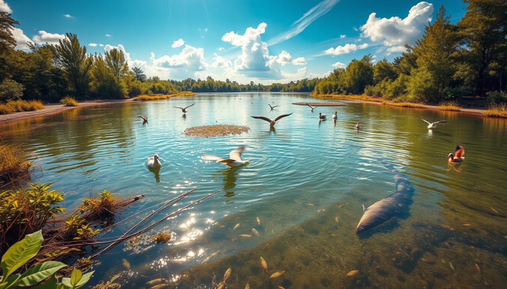 An expansive, idyllic wetland ecosystem of Liman Oshitky, with diverse flora and fauna thriving in a serene, sun-dappled setting. Lush vegetation lines the tranquil waters, creating a lush, verdant backdrop. In the foreground, a variety of waterbirds gracefully glide across the surface, while schools of fish dart through the crystal-clear depths. The scene is illuminated by warm, golden sunlight filtering through wispy clouds, evoking a sense of peaceful harmony between nature and its inhabitants. Captured with a wide-angle lens to showcase the full grandeur of this ecologically valuable haven.