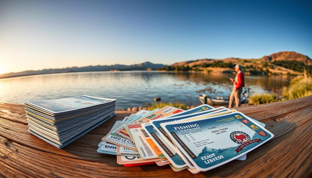 An expansive panoramic image showcasing the various fishing licenses available, captured with a wide-angle lens and soft, warm lighting. In the foreground, a stack of colorful licenses and permits sits atop a wooden table, their intricate designs and logos clearly visible. The middle ground features a serene lakeside scene, with a fisherman casting his line into the still waters. In the distance, rolling hills and a picturesque landscape create a sense of depth and tranquility. The overall composition conveys the diverse options and the ease of obtaining the necessary documentation to enjoy a peaceful day of fishing.