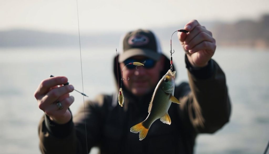 An image of an angler demonstrating different jigging techniques for catching perch. The foreground shows the angler's hands skillfully manipulating the fishing rod and lure, performing a range of motions like twitching, lifting, and dropping the jig. The middle ground depicts the silhouette of the angler against a slightly blurred natural backdrop, such as a riverbank or lake shore. The lighting is soft and diffused, creating a peaceful, contemplative atmosphere. The overall composition emphasizes the technical mastery and finesse required for successful perch fishing using jig lures.