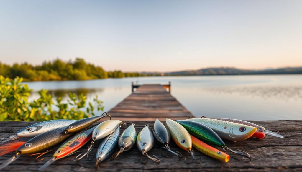 An outdoor scene showcasing an assortment of fishing lures for pike (щука). The foreground features a variety of lifelike, colorful lures in different shapes and sizes, such as spinnerbaits, crankbaits, and soft plastic baits. The middle ground shows a wooden dock or pier extending into a tranquil, glassy lake surrounded by lush, verdant foliage. The background depicts a serene, golden hour landscape with a cloudless sky and distant hills. Soft, warm lighting bathes the scene, evoking a sense of calm and inviting the viewer to contemplate the best lure choices for successful pike fishing.