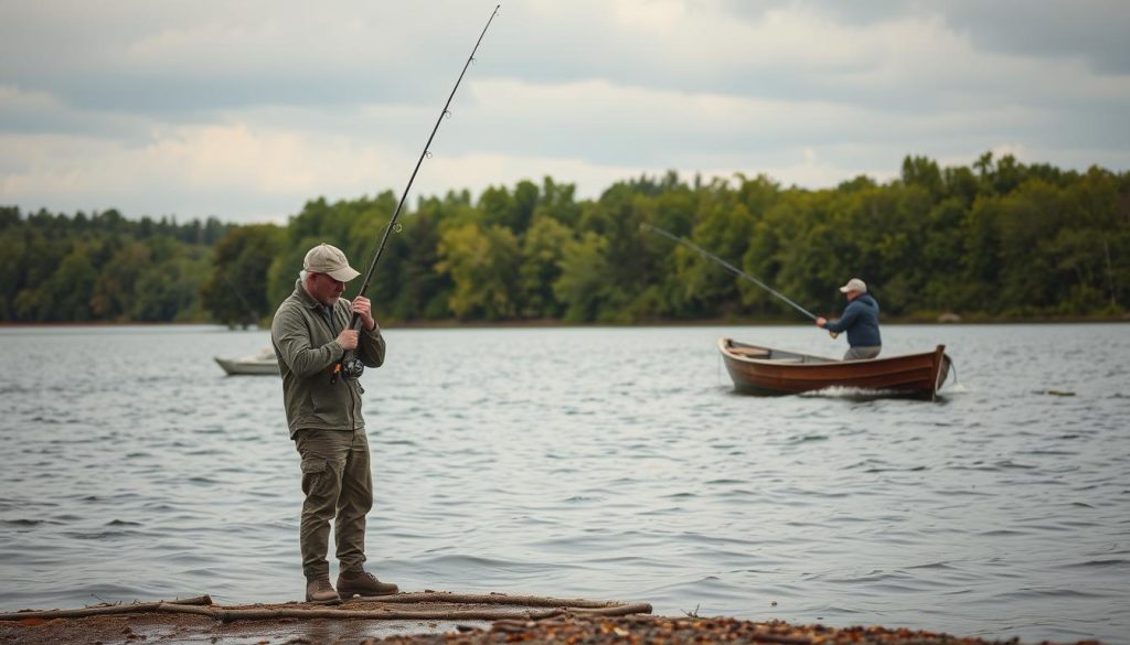 An overcast day with a slight breeze on a tranquil lake. In the foreground, a seasoned angler stands on the shore, meticulously selecting a spinning rod and reel, the perfect tools for pursuing the elusive northern pike. In the middle ground, a small wooden boat drifts peacefully, its occupant casting a lure into the rippling waters, hoping to entice a powerful strike. The background showcases lush, verdant foliage lining the banks, creating a serene, natural backdrop for this fishing scene. The lighting is soft and diffused, casting a warm, ambient glow over the entire composition. This image captures the essence of the distinct techniques and challenges involved in shore-based and boat-based pike fishing.