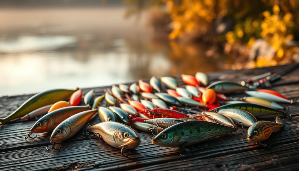 Autumn lure fishing for zander. An elegant arrangement of various fishing lures and baits on a wooden surface, backlit with warm, soft lighting. The lures in the foreground are carefully positioned, their colors and textures contrasting beautifully. In the middle ground, an assortment of lifelike soft plastic lures, jigs, and hard baits are displayed, reflecting the natural hues of the season. The background fades into a hazy, autumnal atmosphere, evoking the peaceful tranquility of a riverbank at dusk. The overall composition emphasizes the artistry and attention to detail in selecting the optimal lures for a successful zander fishing adventure in the fall.