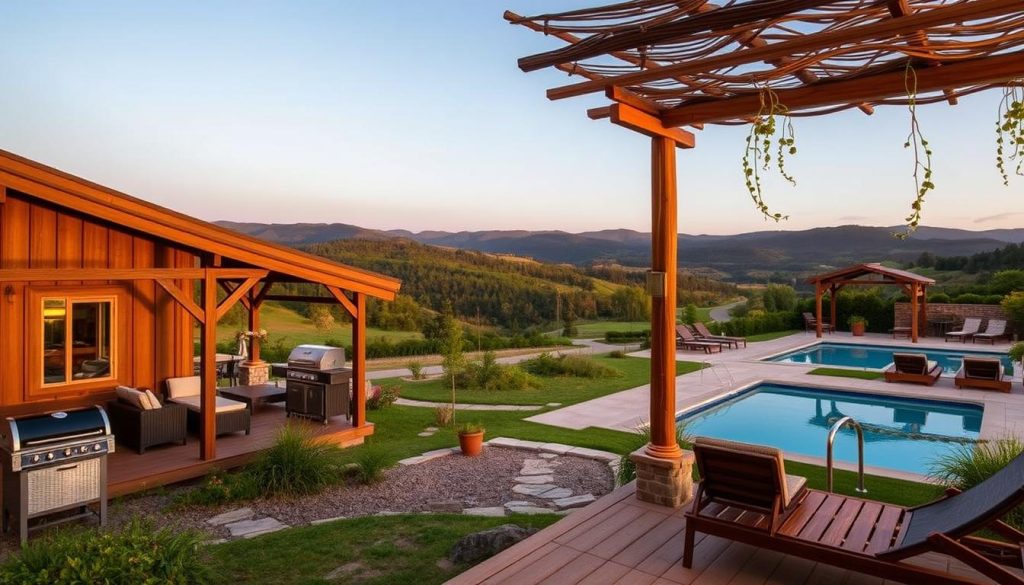 Cozy amenities at a serene countryside resort, with a picturesque view of rolling hills and lush greenery in the background. In the foreground, a well-appointed cabin with a rustic charm, featuring a covered porch, comfortable furniture, and a barbecue grill. The middle ground showcases a communal rec area with a swimming pool, sun loungers, and a pergola with hanging plants. The lighting is soft and warm, creating a relaxing ambiance. A winding path leads to a wellness center in the distance, hinting at the array of soothing services and facilities available on the resort grounds.