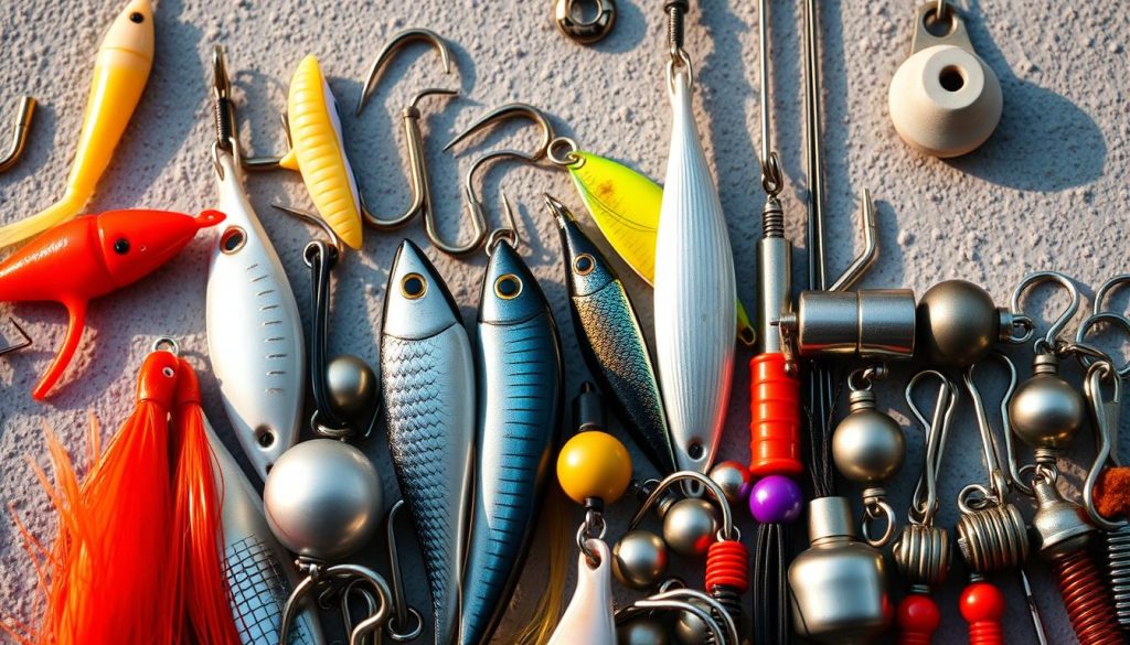Detailed and technical array of fishing tackle for jigging, including a variety of soft plastic lures, metal jigs, hooks, weights, and swivels, artfully arranged against a neutral background. Warm, natural lighting illuminates the matte textures and metallic finishes, creating a compelling visual composition that showcases the essential gear for successful predatory fishing with the jig technique. The overall mood is one of anticipation and preparedness, setting the stage for the strategies discussed in the article.