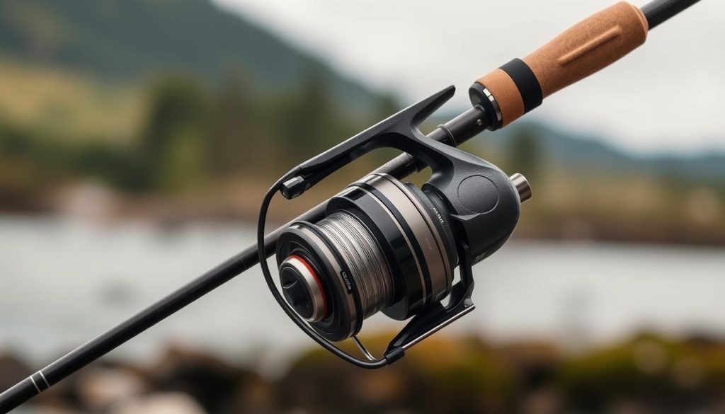 Detailed close-up of a fishing spinning rod with reel, set against a blurred natural background of a riverbank or lakeshore. The spinning rod should be positioned diagonally, showcasing its key features - sleek graphite construction, high-quality reel, adjustable drag system, and specialized guides for casting lures. The lighting should be soft and diffused, creating a sense of tranquility and focus on the technical aspects of the equipment. The color palette should be muted and earthy, with hints of greens, browns, and blues to evoke the outdoor fishing environment. The overall composition should convey the thoughtful selection and preparation of specialized spinning gear for targeting predatory fish species.