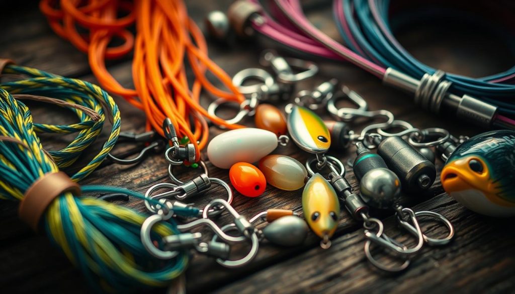 Detailed close-up of various fishing tackle and terminal tackle elements arranged on a rustic wooden surface. Vibrant colors and textures including braided lines, metal swivels, snap links, sinkers, and artificial baits. Soft, diffused lighting creates a warm, contemplative atmosphere. The scene conveys the thoughtful process of selecting the appropriate terminal tackle setup for different fishing conditions and environments. The arrangement is visually appealing and neatly organized, reflecting the care and attention given to the optimal choice of terminal tackle.