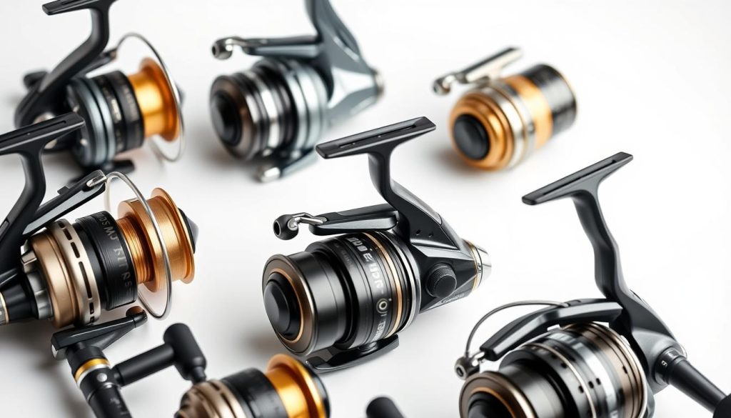 Detailed close-up shot of the latest and most popular fishing reel models for feeder fishing, showcased against a clean white background with soft studio lighting. The reels should be arranged in an organized, visually appealing layout, highlighting their sleek, modern designs and technical features such as machined aluminum bodies, large diameter spools, and advanced drag systems. The overall mood should convey a sense of high-quality, professional-grade fishing equipment tailored for the Ukrainian market.