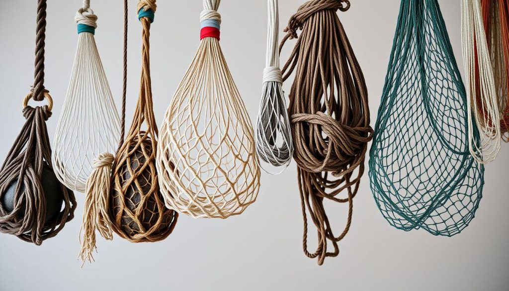 Detailed close-up shot of various fishing nets, suspended against a neutral background. The nets should be shown in a well-lit, high-resolution setting, highlighting their intricate construction, knot patterns, and varying mesh sizes. Capture the different materials, colors, and textures of the nets, conveying their durability and practical purpose. Minimal clutter or distractions, allowing the viewer to focus on the technical specifications and characteristics of the fishing equipment. Emphasis on the craftsmanship and engineering behind the design of these essential tools for the fishing industry.