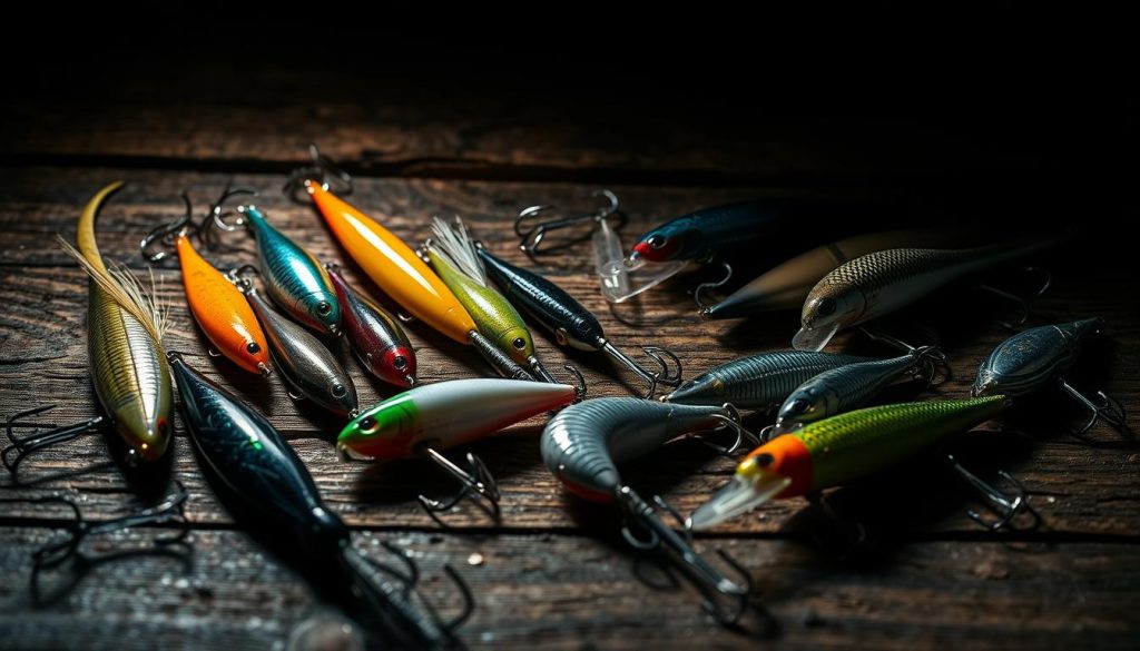 Detailed closeup of fishing lures and baits neatly arranged on a rustic wooden surface, showcasing a variety of colors, shapes, and textures. The lures are strategically positioned to highlight their differences, with some casting dramatic shadows that add depth and dimension. Soft, even lighting from above illuminates the scene, creating a sense of thoughtful curation and expert knowledge. The overall mood is one of careful consideration, as if the viewer is studying the optimal bait selection for a specific angling scenario.
