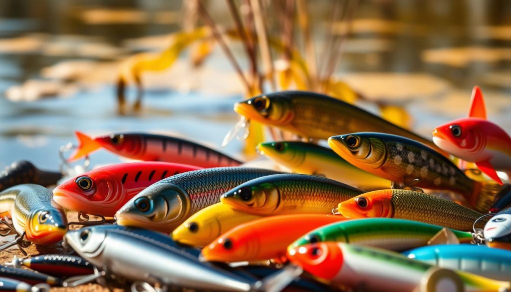 Detailed display of a variety of realistic silicone fishing lures in the foreground, with a natural water backdrop and hints of aquatic vegetation in the middle ground. The lures should be showcased in a well-lit, warm-toned setting, creating an appealing and enticing presentation. Emphasize the texture, lifelike appearance, and diverse shapes and colors of the silicone baits to highlight their key features and advantages for predatory fish targeting.