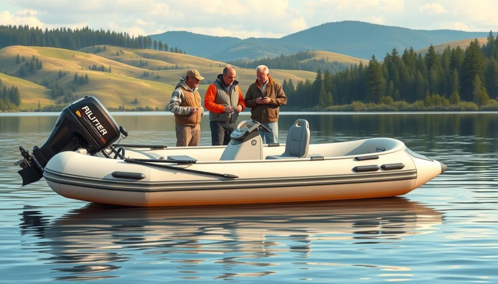 Detailed illustration of a fishing boat selection guide for Ukrainian anglers. Prominently featured in the foreground is a sleek, high-quality inflatable PVC boat, its sturdy hull and well-designed features highlighted by warm, natural lighting. In the middle ground, a group of experienced fishermen carefully examine the boat, discussing its specifications and suitability for the local waterways. The background depicts a serene lakeside scene, with rolling hills, pine trees, and a calm, reflective surface that evokes the peaceful atmosphere of fishing in Ukraine. The overall composition conveys a sense of expertise, thoughtfulness, and appreciation for the versatility and reliability of the PVC boat as the ideal choice for Ukrainian anglers.